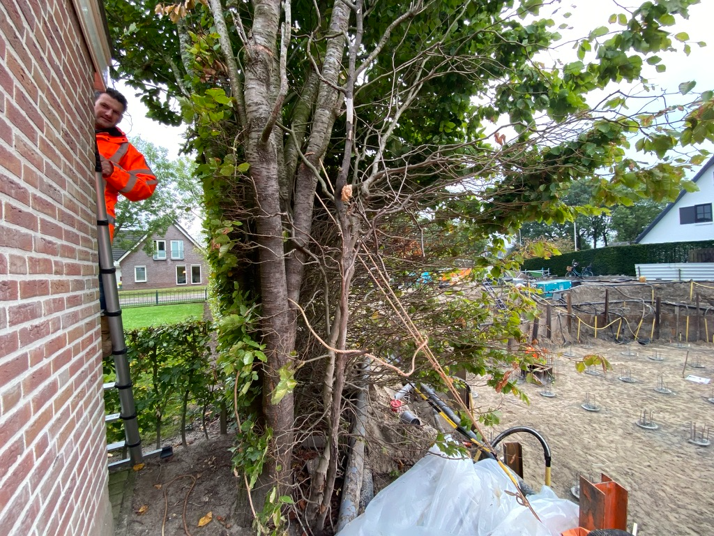 Adviseur beoordeelt ter plaatse de omgeving van een woning, zoals bomen dicht op de gevel, als factor in het funderingsrisico